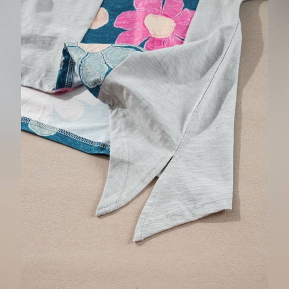 Floral V-Neck Women's Top - Green and Pink - Picture 11 of 15